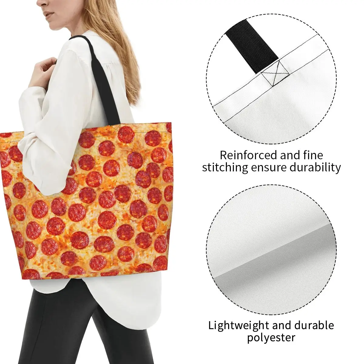 Realistic Pepperoni Pizza Pattern Shopping Tote Bag Canvas Large Capacity Shoulder Bags Shopper Grocery Handbag for Women