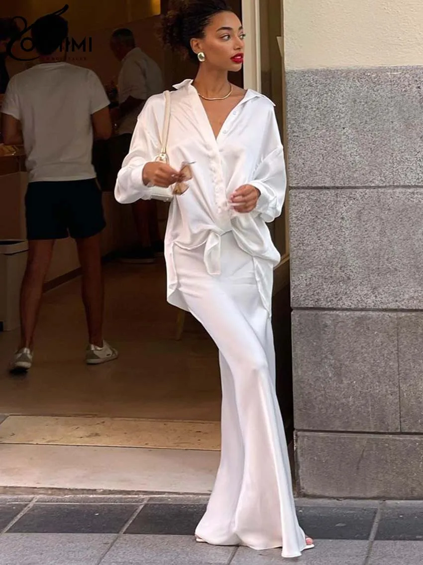 Oymimi Fashion White Satin Women Two Piece Set Elegant Long Sleeve Button Side Slit Shirts And Simple Slim Straight Skirts Sets