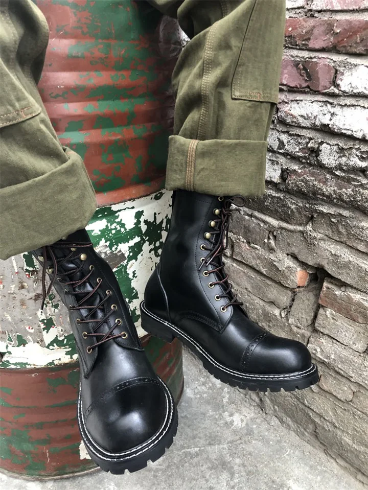 Black Retro Leather Workwear Cycling Cowhide Boots Men's Long Tube Motorcycle Shoes