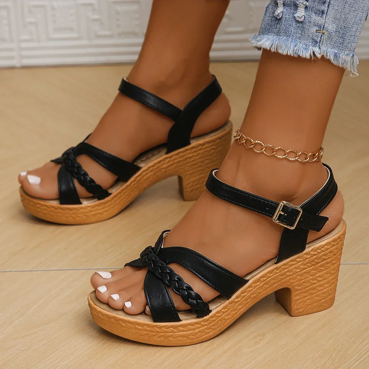 Ankle Strap High Heels Sandals for Women 2026 Summer Platform Gladiator Sandalias Mujer Weaving Cross Band Chunky Heeled Sandles