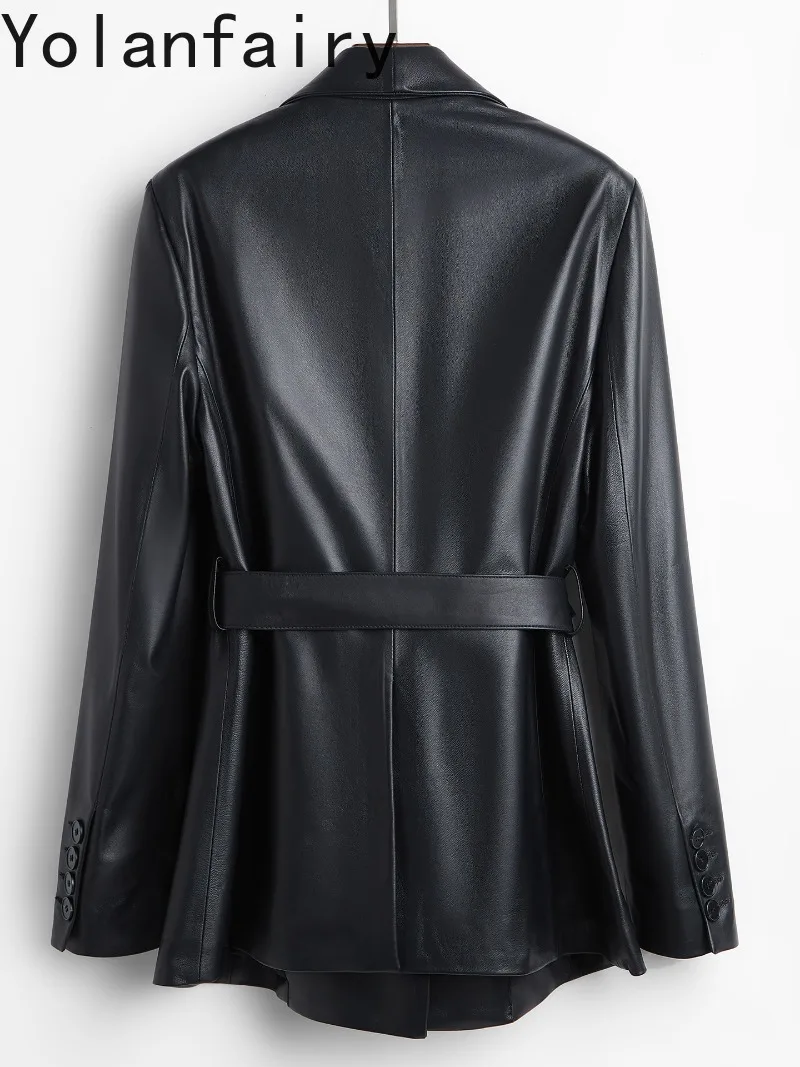 YOLANFAIRY 2026 Spring Autumn Genuine Sheepskin Trench Coat Women Mid Length Luxury Real Leather Coat Elegant Lace-up Outerwear