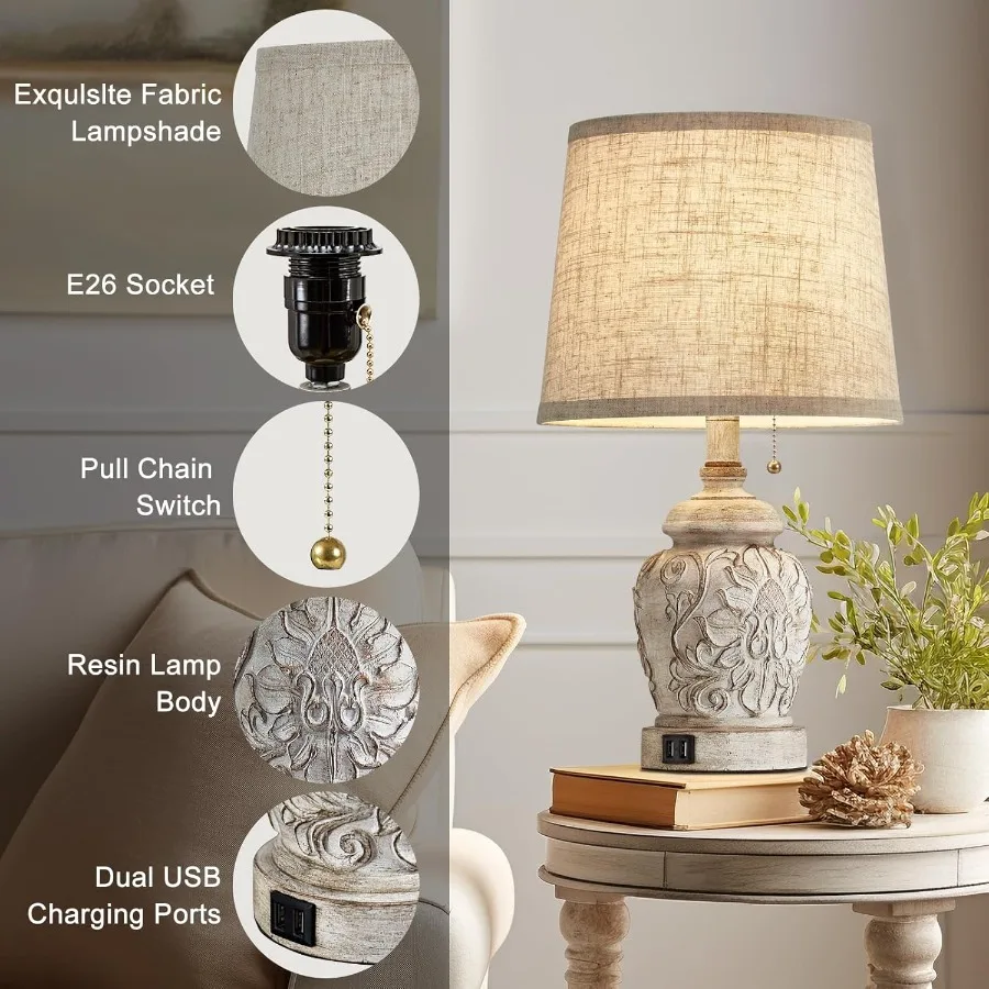 Lampada da tavolo rustica vintage da 19,5 pollici, set di 2 lampade da tavolo in fattoria per l'arredamento della camera da letto del soggiorno con porte USB tradizionali intagliate