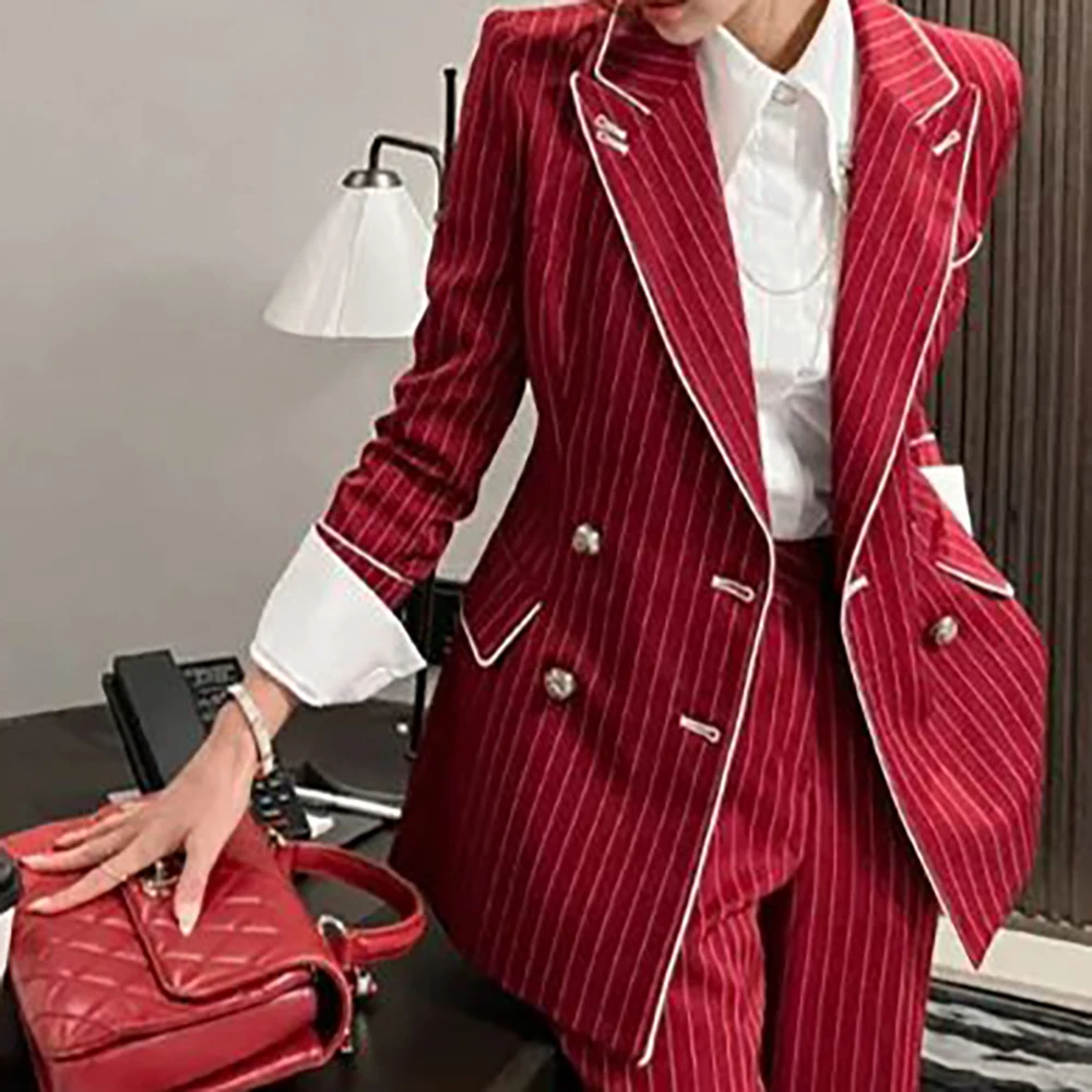 Slim-fit Women's Suit Modern Striped 2 Piece(Jacket+Pants) Set Classic Retro Blazer Daily Office Wear Business Formal Attire