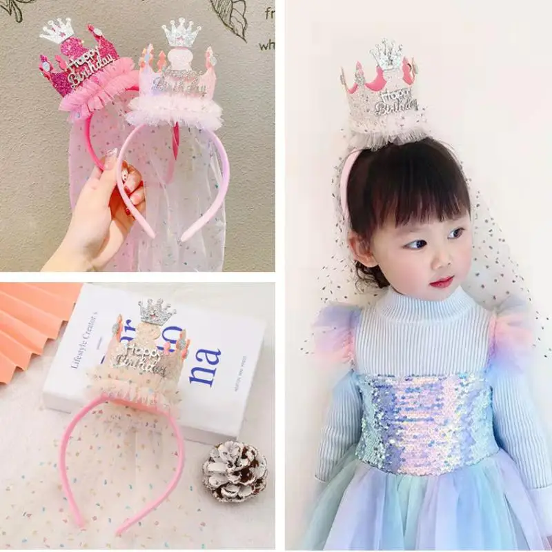 Alles Gute zum Geburtstag! Kronen-Haarreif mit langem, glitzernden Schleier, Prinzessinnen-Tiara für Mädchen, Kindergeburtstagsfeier, Fotoshooting. – Detail 5