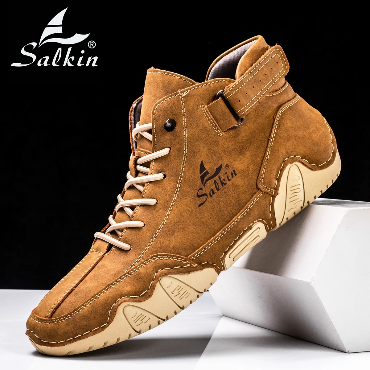 Salkin Men's Fashion Vintage Hand Stitching Soft Business Casual Leather Ankle Boots Handmade Shoes