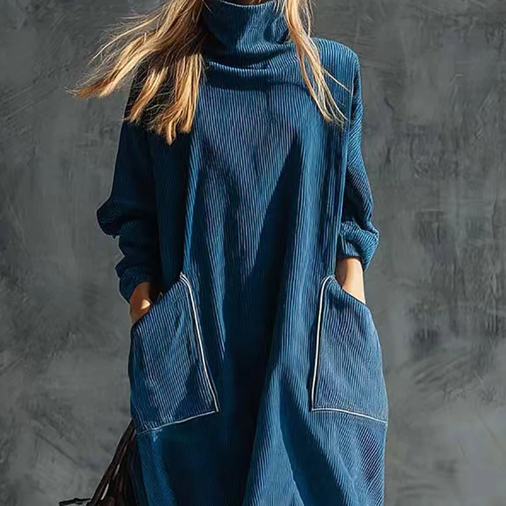 

Women Vintage Turtleneck Corduroy Maxi Dress Blue Long Sleeve Loose Kaftan Dress Pockets Striped Casual Streetwear Long Dresses