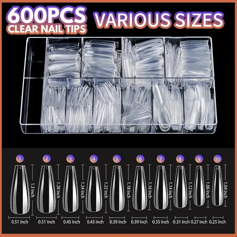 Clear Coffin Nail Tips Set Lange acryl nagelkit Volledige dekking Clear Pr On Nails 600-delige nepnagels met lijm Acryl nagelknipper