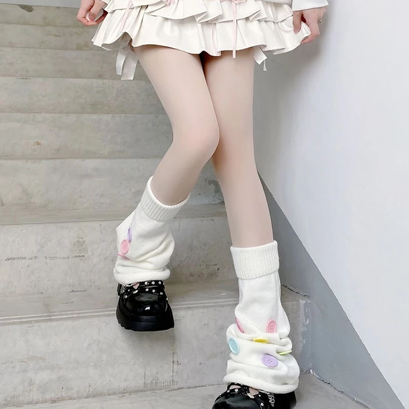 Colorful Button Leg Warmers for Women Knit Gothic Punk Harajuku Long Cable Flared Socks, JK Japanese Y2K Cute