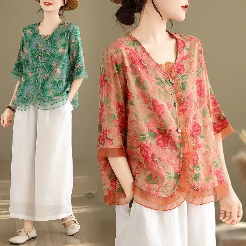 2024 Summer New Pullover V-neck Ruffle Edge Women's Ramie Printed Shirt Vintage Cotton and Hemp Casual Versatile Linen Top L324