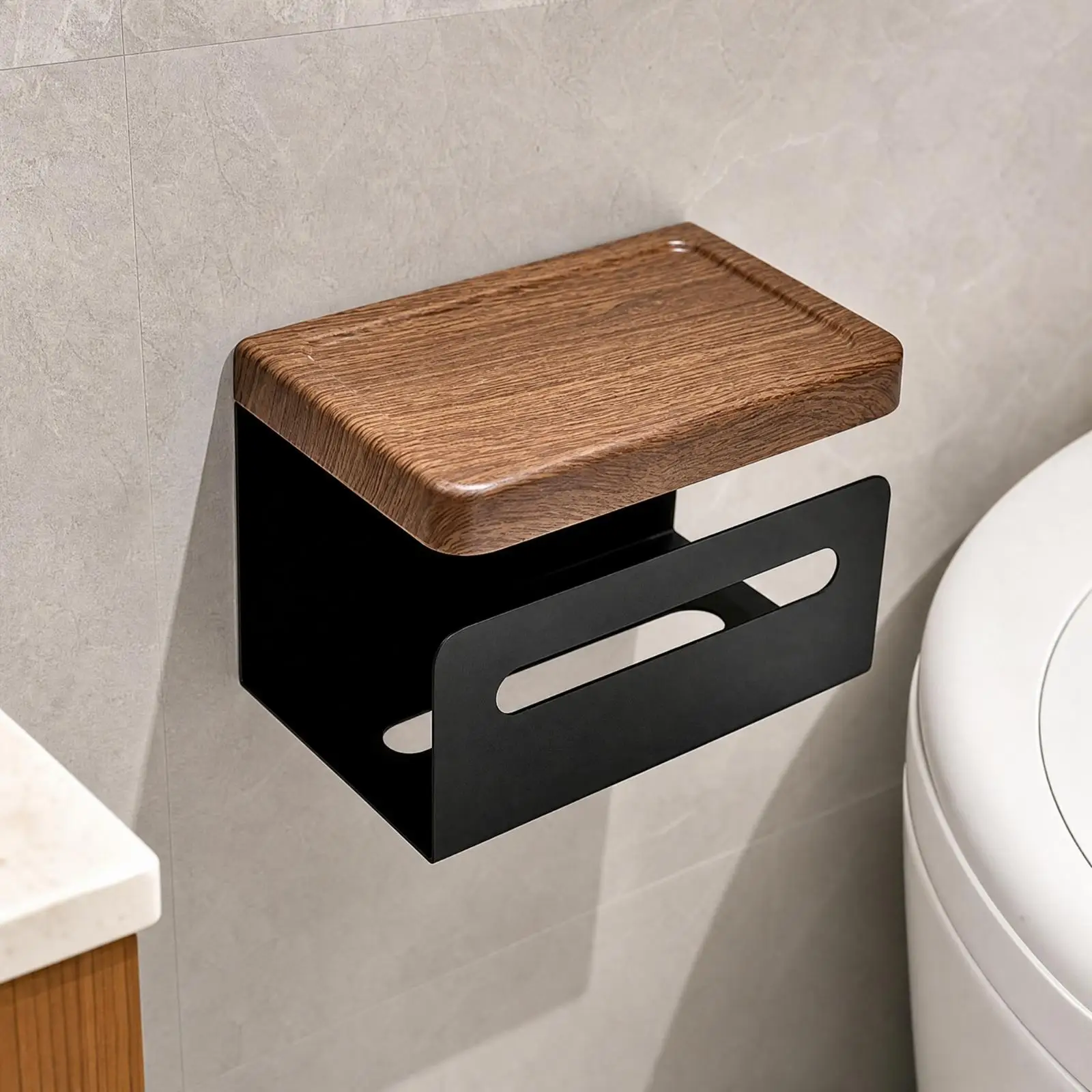 Punch-Drill-Free Bathroom Tissue Shelf Multi-Functional Tissue Dispenser with Top Shelf Wall-Mounted Bath Tissue Holder