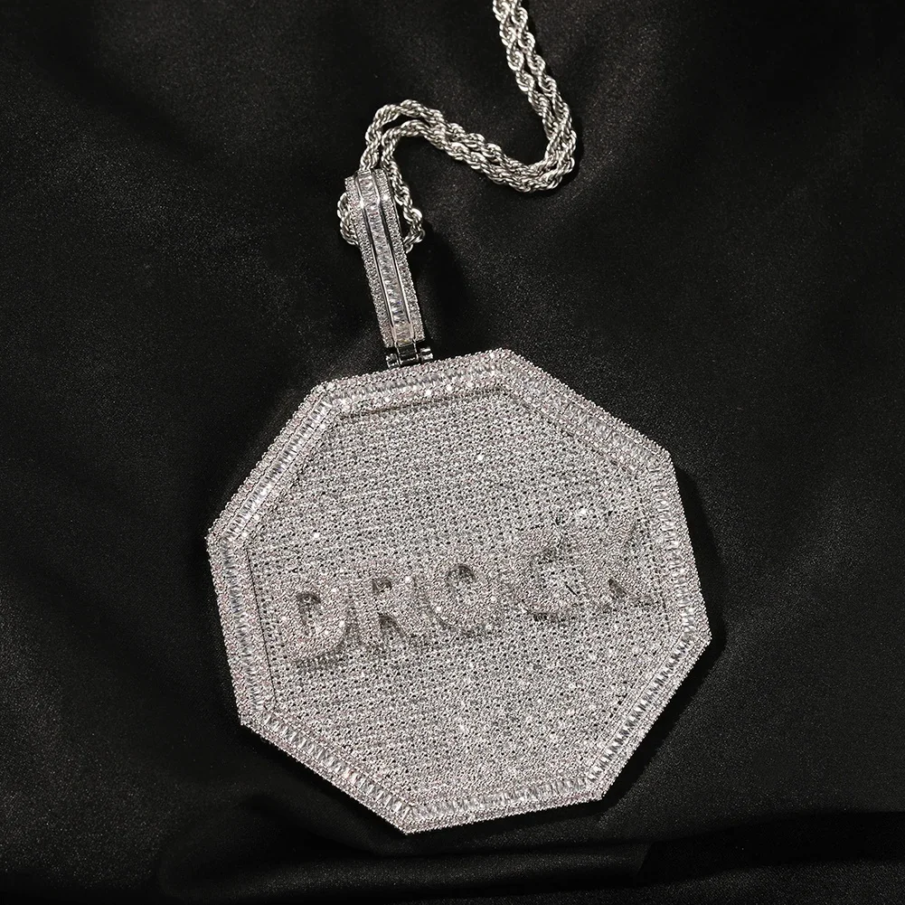 TBTK Octagon Nameplate Pendant Necklace for Men Iced Out Round CZ Stones Pendant Charms Fashion HipHop Jewelry for Gift
