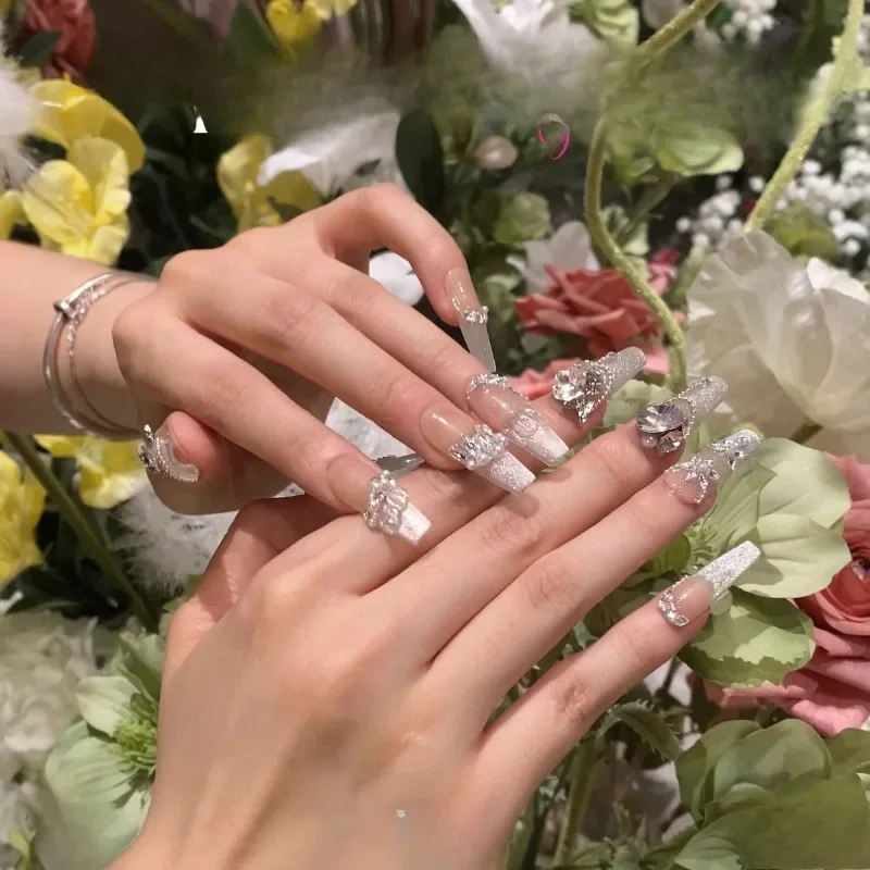[Elizabeth] Hand-worn nail removable manicure cat eye long T-pointed white butterfly wedding nail