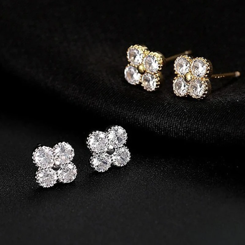 925 Silver Plated Four-leaf Clover Stud Earrings for Women Sparkling Shiny 5A Zircon Lucky Earrings Exquisite Banquet Jewelry