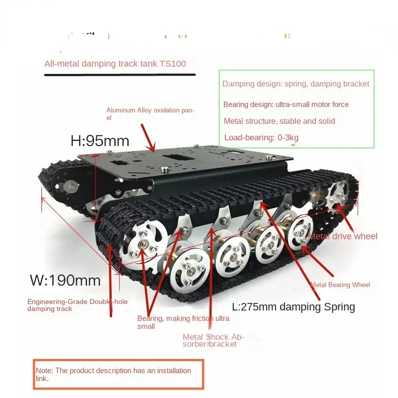 TS100 crawler-type metal chassis suspension obstacle avoidance and tracking large torsion motor intelligent robot car