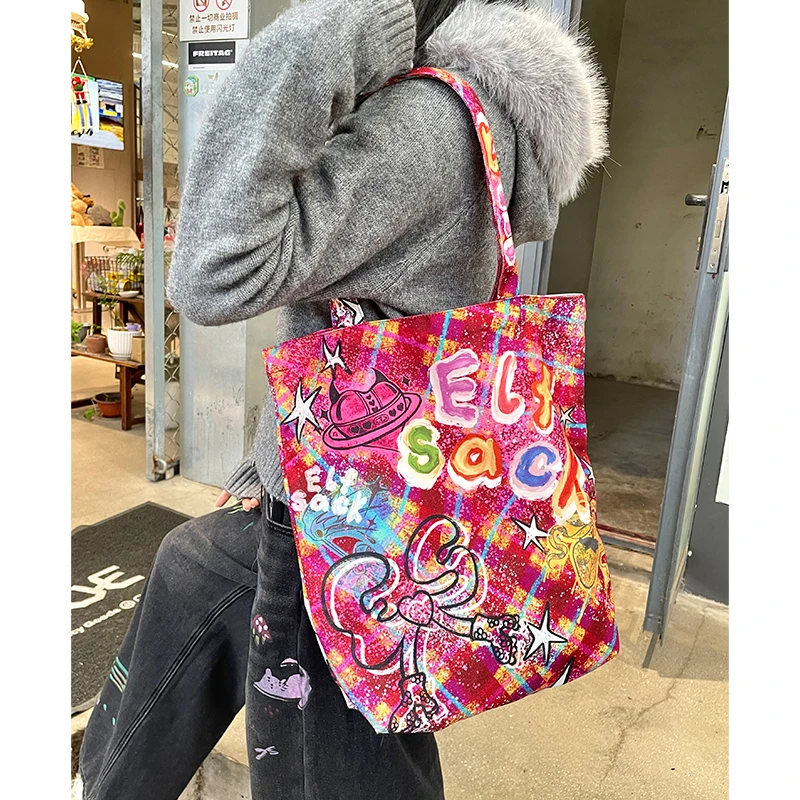 ELFSACK Y2K Plaid Cherry Hand Drawn Graffiti Large Capacity Tote Bag For Women
