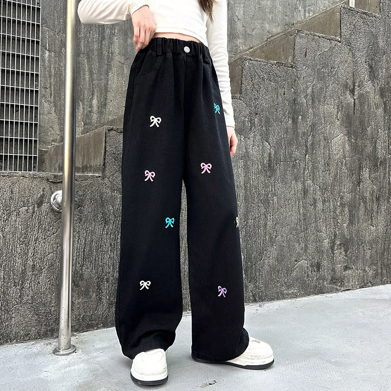 Girls\' Jeans Spring Autumn Korean Casual Bow Embroidery Denim Pants Fashion Elastic Waist Trousers For Girl New Arrival Clothes