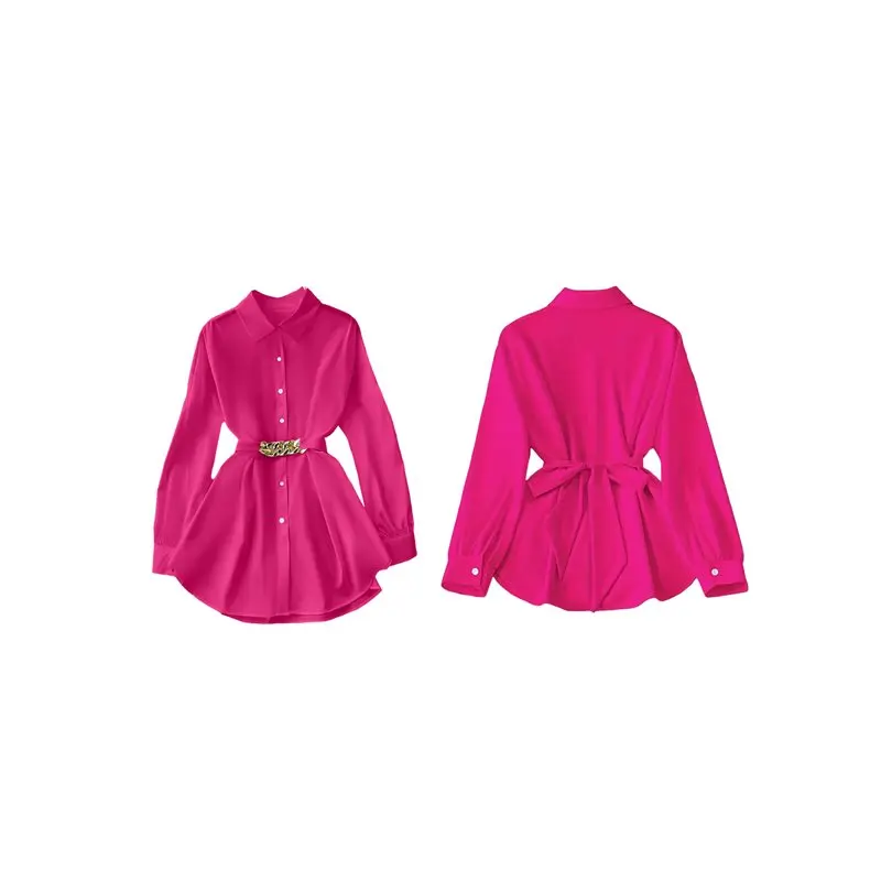 

CYL-Women's Button Down Long Sleeve Blouse Metal Cinch Wasit Bow-Tie Back Office Work Shirt Top