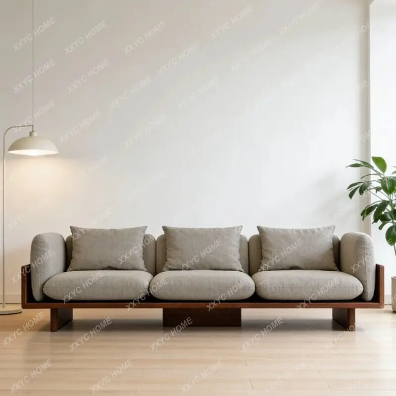 Solid wood sofa Modern living room Three-person sofa Cotton and linen fabric B & B hotel Sample room