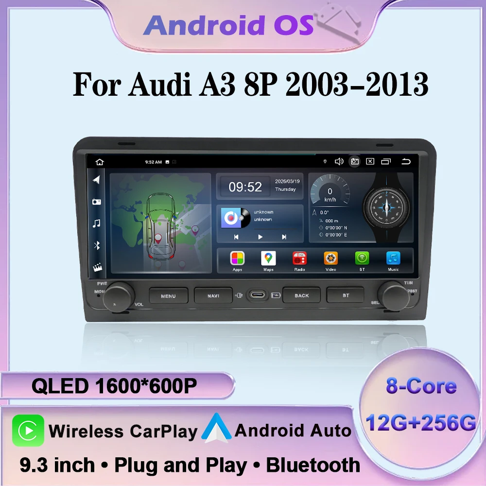 9.3INCH Android Autormotive For Audi A3 8P 2003-2013 Car Radio Multimedia Player GPS Navi Head Unit CarPlay DSP