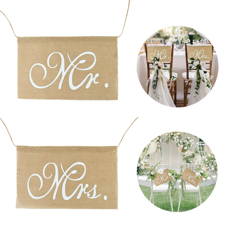 Mr&Mrs Chair Banner Jute Burlap Flags Wedding Hanging Sign Garland Bridal Shower Photo Props Vintage Rustic Wedding Party Decors