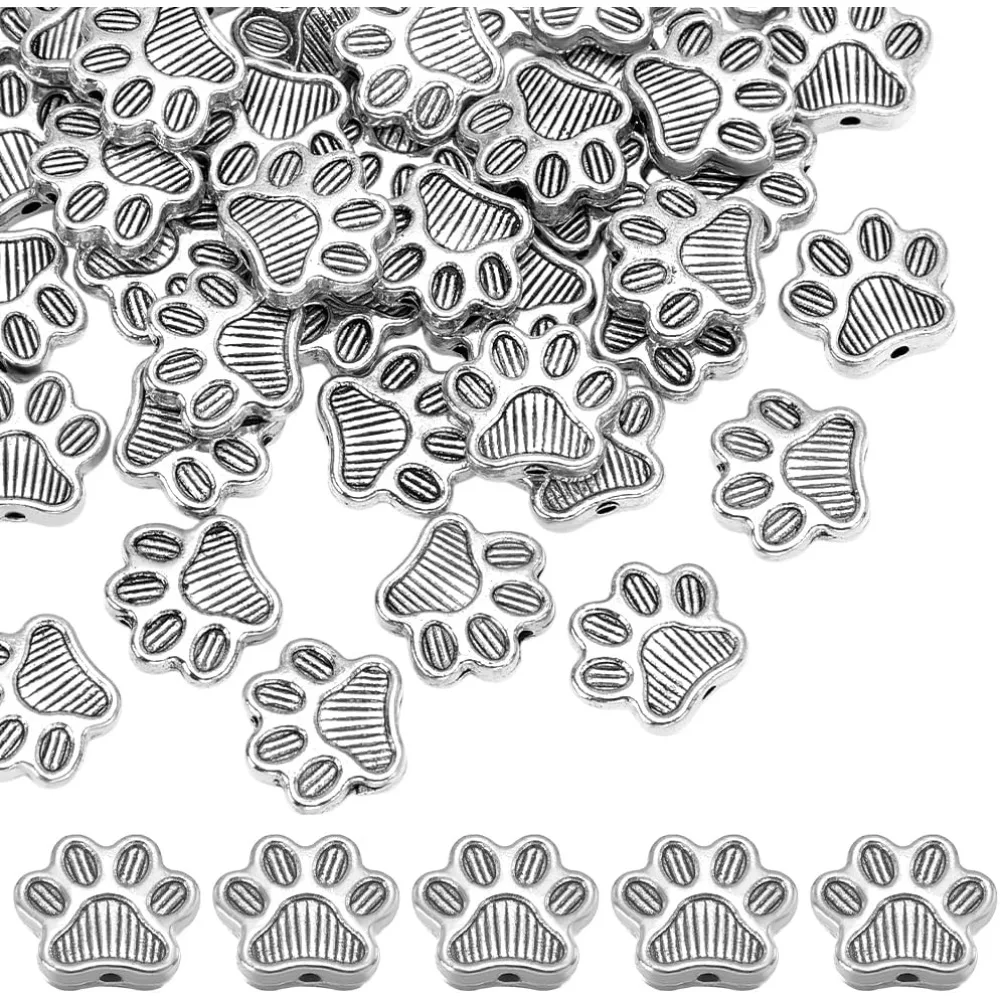 50 Pcs Paw Footprint Beads Style Alloy Dog Paw Print Loose Beads Large Hole Beads Doggy Puppy Paw Spacer Beads for Bracelet