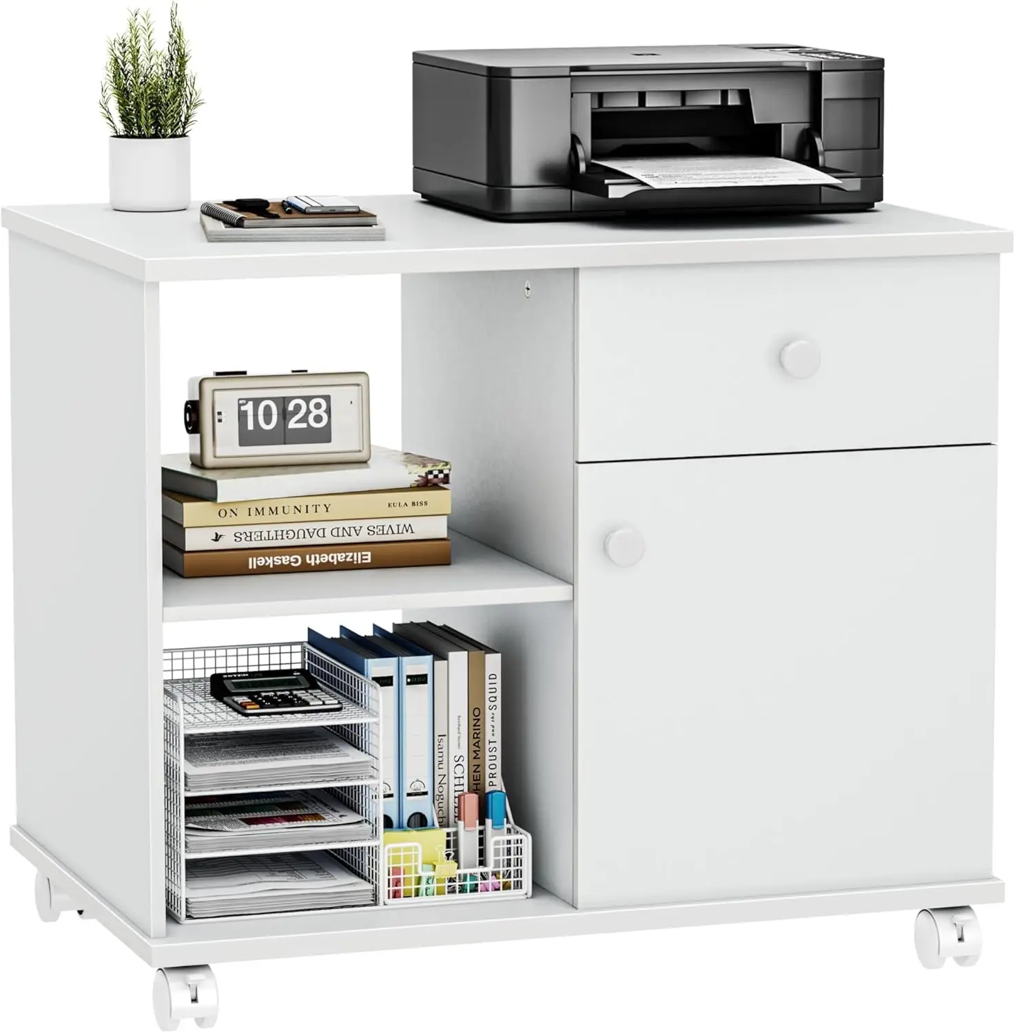

Rolling File Cabinet with Doors, Adjustable Shelves, Drawer, White