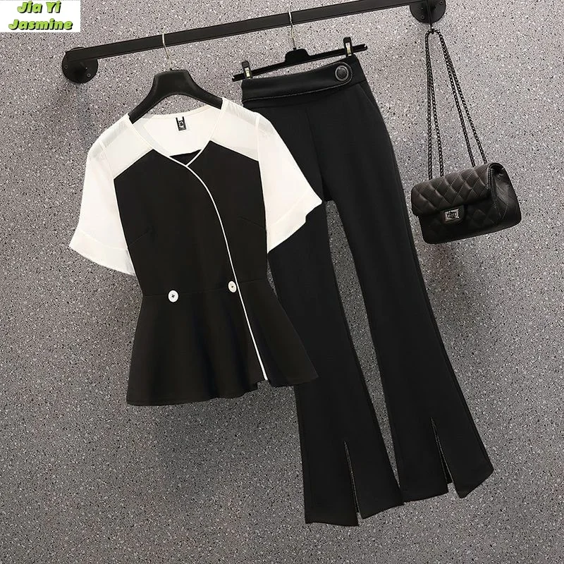 

Summer Set Women's French Fashion Trend Commuting Temperament Professional Top Micro Flared Pants Plus Two Piece Set