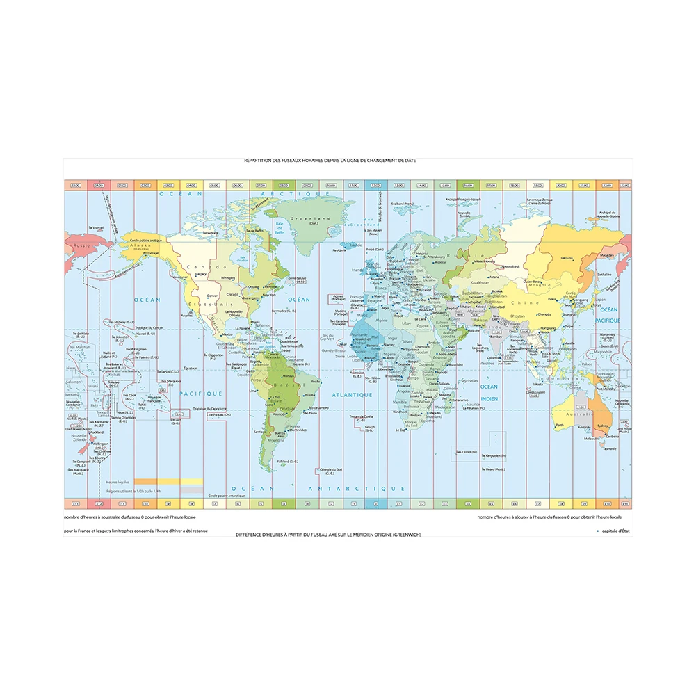 150*100cm Die Wold Time Zone Karte in Französisch Vintage Vlies Leinwand Malerei Wand Kunst Poster Schule Liefert dekorative Bild