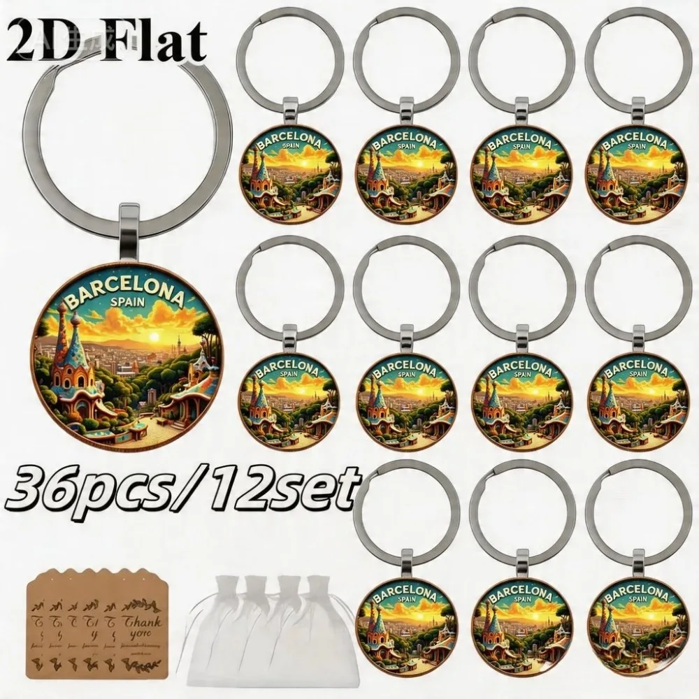 6/12/24 Ensembles – Cadeau de Noël Idéal : Porte-clés Paysage Vibrant de Barcelone avec Carte et Sac en Gaze – Faveurs de Mariage pour Invités