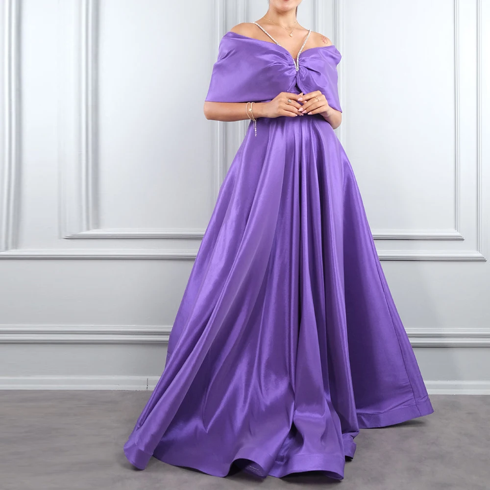 

Purple Floor Length Off the Shoulder A-Line Satin Short Sleeves Pleats Sweep Train Elegant Party Dresses Woman Quinceanera Gowns