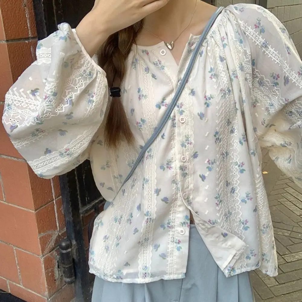 

Leisure Pleated Long Sleeve Blouse Sweet Loose Flower Shirt Top Ins Spring Autumn Lace Floral Blouse Streetwear