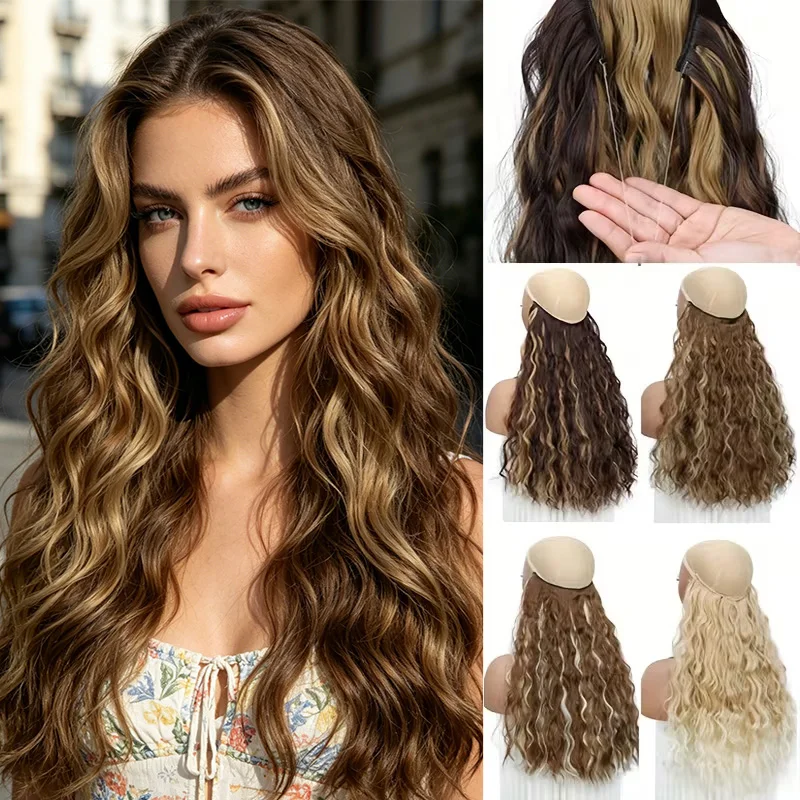 18Inch Synthetic Long Wavy Culry Fluffy Hair Extensions Invisible Fishing Line Soft Hair Pieces for Women Daily Wear