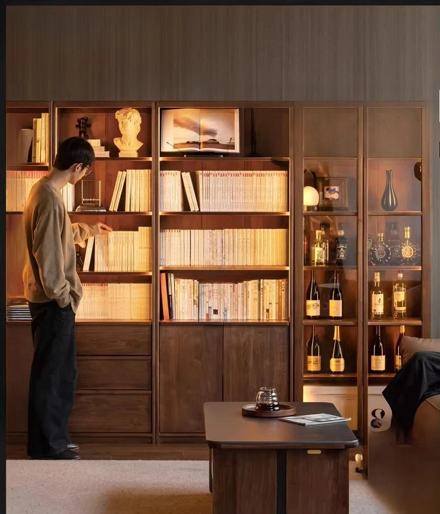 JJBlack Label Solid Wood Bookcase Study Light Luxury Display Household Storage Black Walnut Storage Cabinet