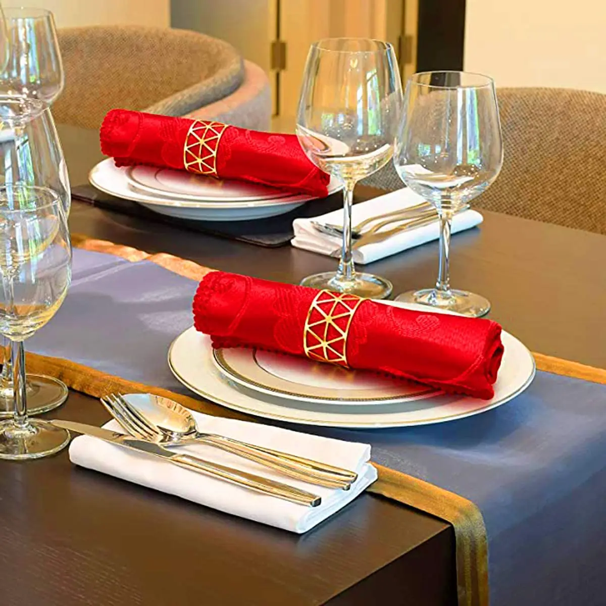 

AC23-12 Pcs Of Round Mesh Napkin Ring Holder, Table Set Suitable For Casual Or Formal Occasions And Wedding Parties (Golden)