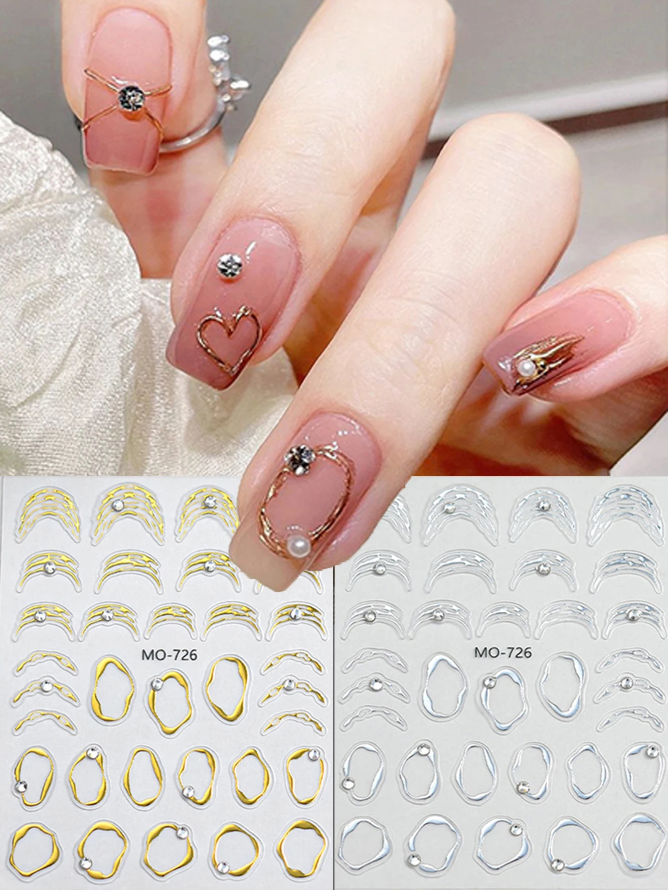 2pcs 5D Embossed Nail Art Decals Silver Gold Irregular Circles Diamonds French Lines Tips Stickers Decorations For Manicure
