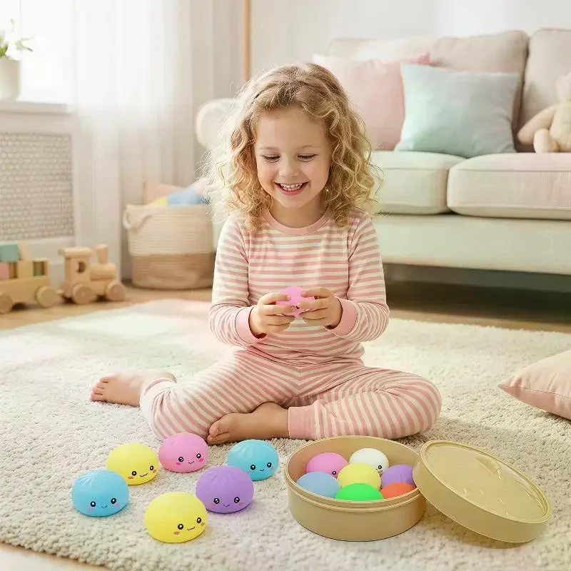 

7pcs Mini Dumplings With Steamer Bun Squeezable Toys Set Soft Stress Relief Crystal Squeeze Fidget Sensory Toy Party Favors Gift