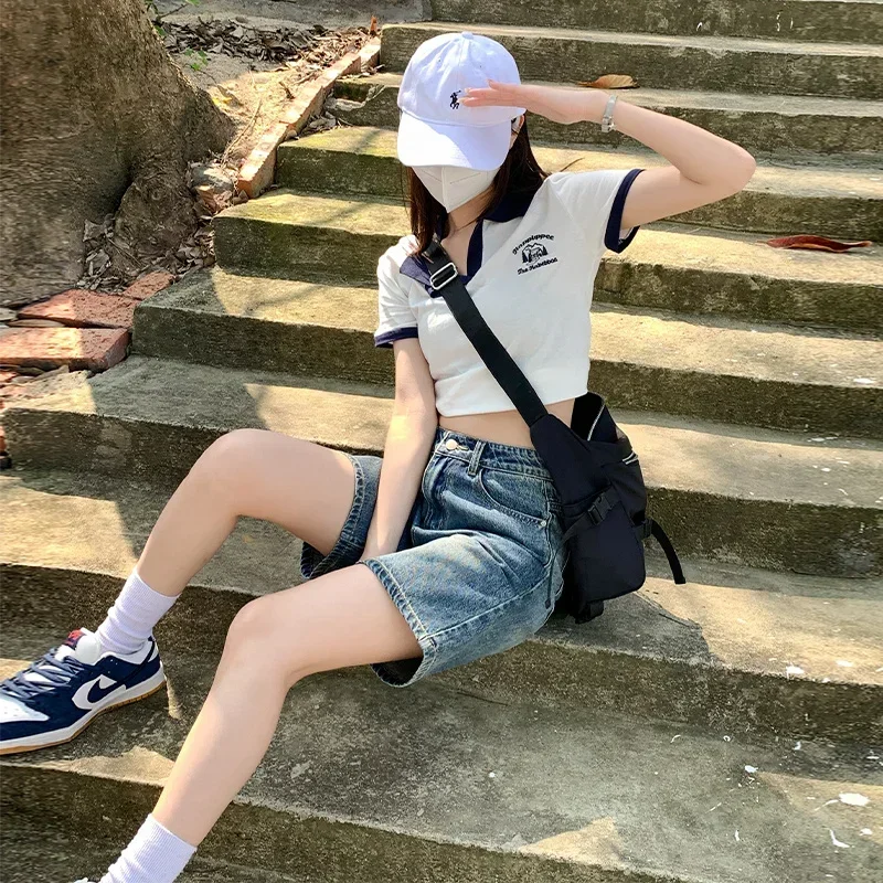 ポップ夏ルーズファムデニムショートパンツベルト付きショーツジーンズ女性だぶだぶのファッションストレートヴィンテージストリートデニムショーツウォメ