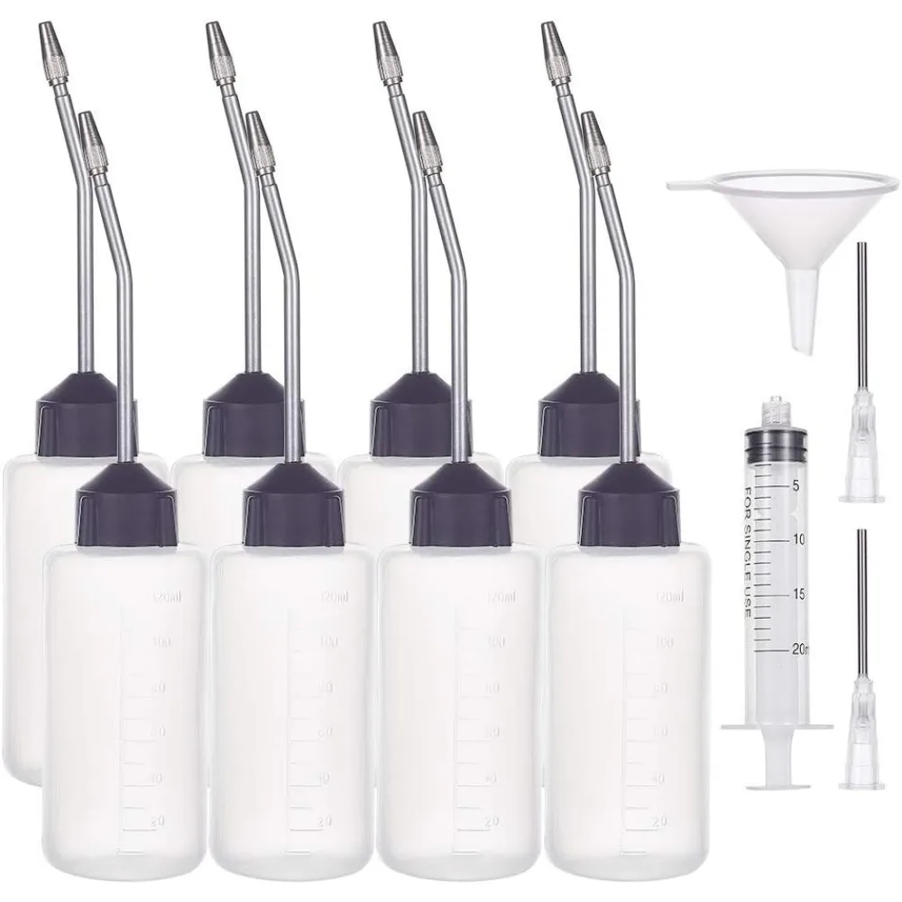 8 Packs 4oz Plastic Sewing Machine Oiler Oil Dispenser with Measurement and Long Angled Spout 2 Stainless Tips 1 Funnel 1
