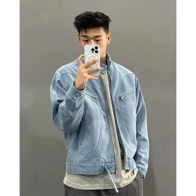 

Синяя мужская джинсовая куртка-харрингтон в винтажном стиле, весна-осень, с воротником-стойкой, свободный крой, молодежный стиль