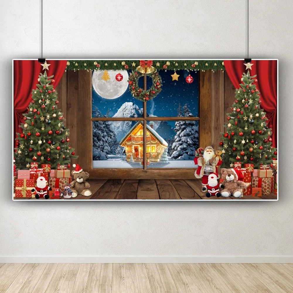 عيد ميلاد سعيد خلفية نافذة سانتا كلوز هدايا الطفل صور التصوير الفوتوغرافي ديكور الحفلات التصوير خلفية الصورة استوديو الدعائم