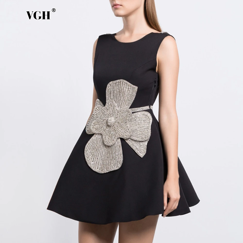 

VGH Solid Spliced Appliques Sexy Short Dress For Women O Neck Sleeveless Backless High Waist Spliced Squined Dresses Female New