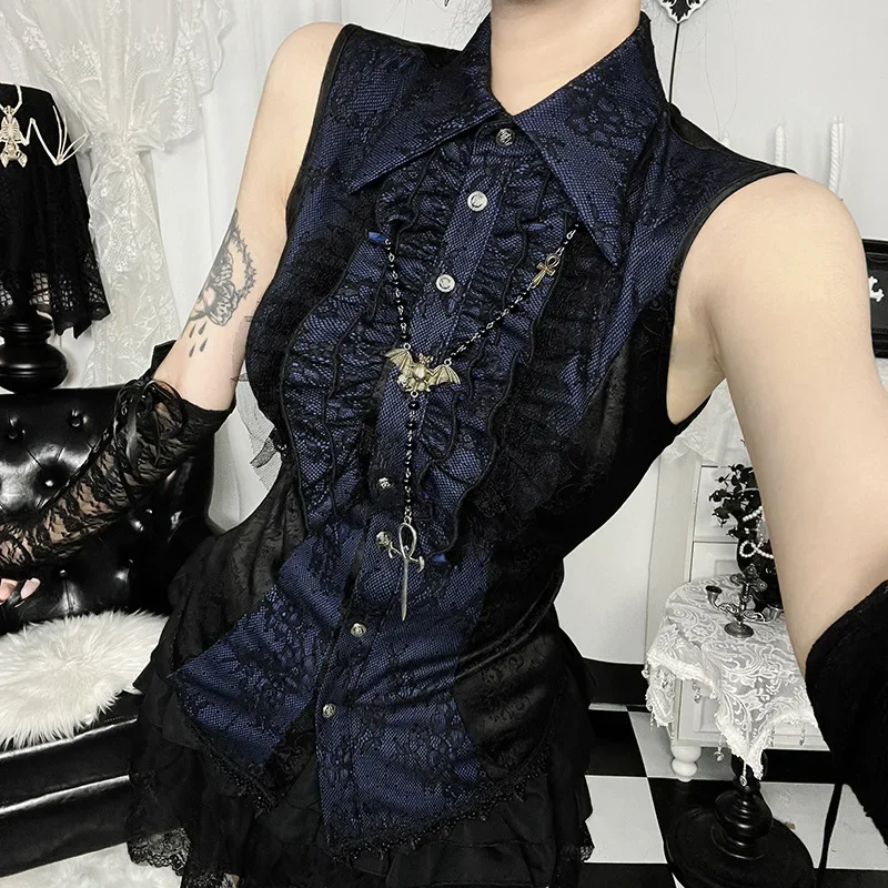 IMU Summer French Elegant Vintage Gothic Top Women Sleeveless Lapel Collar Single Breasted Slim Shirt Harajuku Y2K Party Banquet