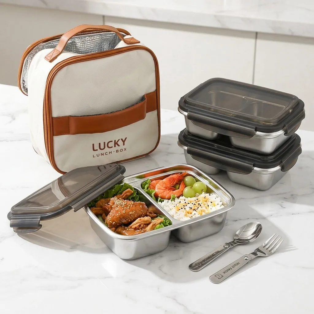 304 Stainless Steel Divided Lunch Box For Kids Students 2/3 Grids Large Capacity Portable Leak-proof Bento Box Microwave Safe