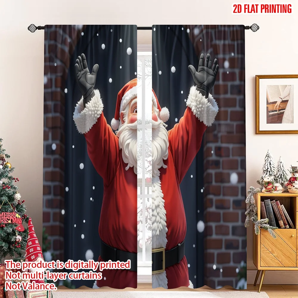 

2pcs 2D flat printing Merry Christmas Popular Curtains Santa breaks wall happy Fabric Without Electricity Festive Holiday Use