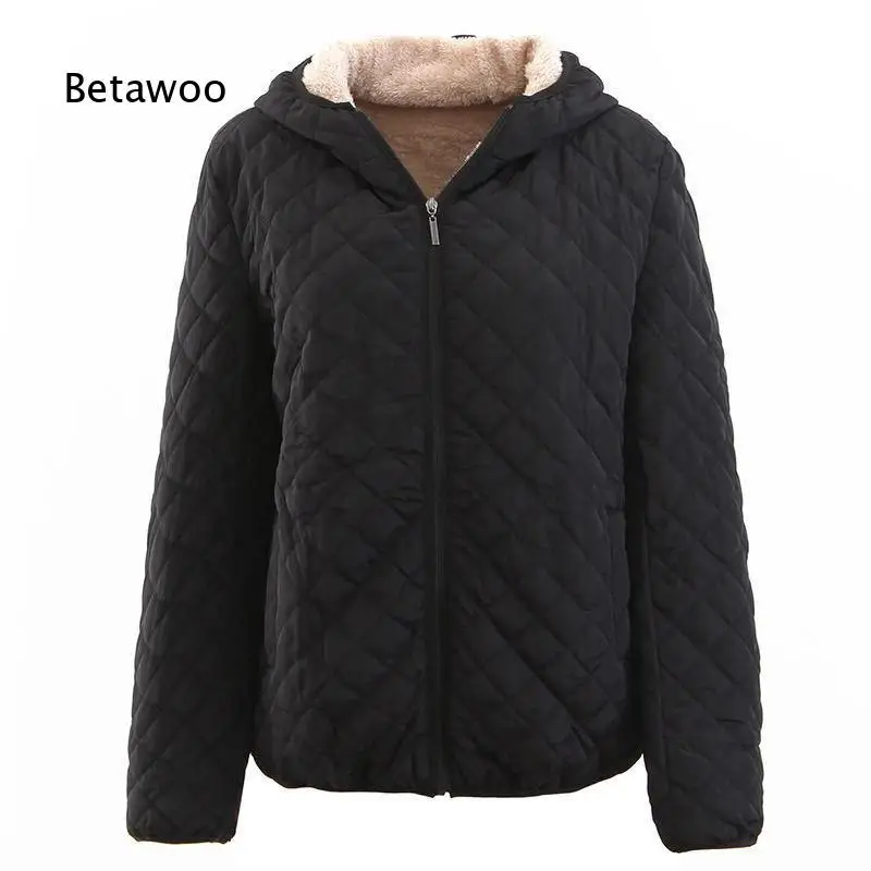 Women Korean Style Hooded Cotton Coat With Check Pattern Fleece Lining Slim Fit Cuff Hem Warm Padded Outerwear For Autumn Winte
