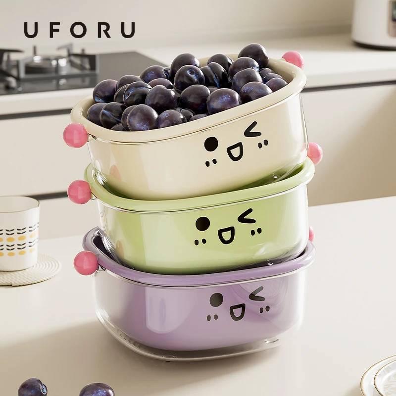 UFORU Double-Layer Drain Basket: Kitchen Fruit/Veg Washer, Living Room Organizer, Household Washing Basin JJ4408