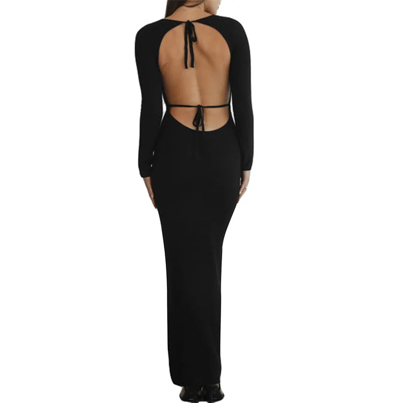 

Fall Spring Evening Party Backless Bodycon Dresses Solid Women Long Sleeve Open Back Tie Up Slim Stretch Dress Club Streetwear