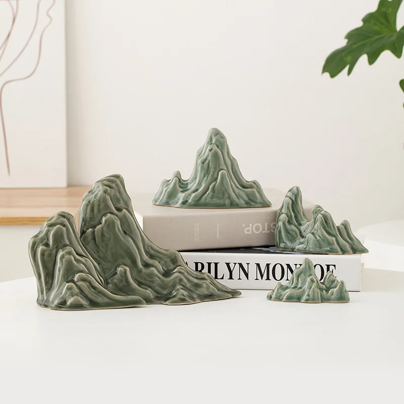Chinese Style Ceramic Mountain Rockery Figurine, Multi-use Pen Rest Fish Tank Landscape Oriental Desk Home Decor Ornament