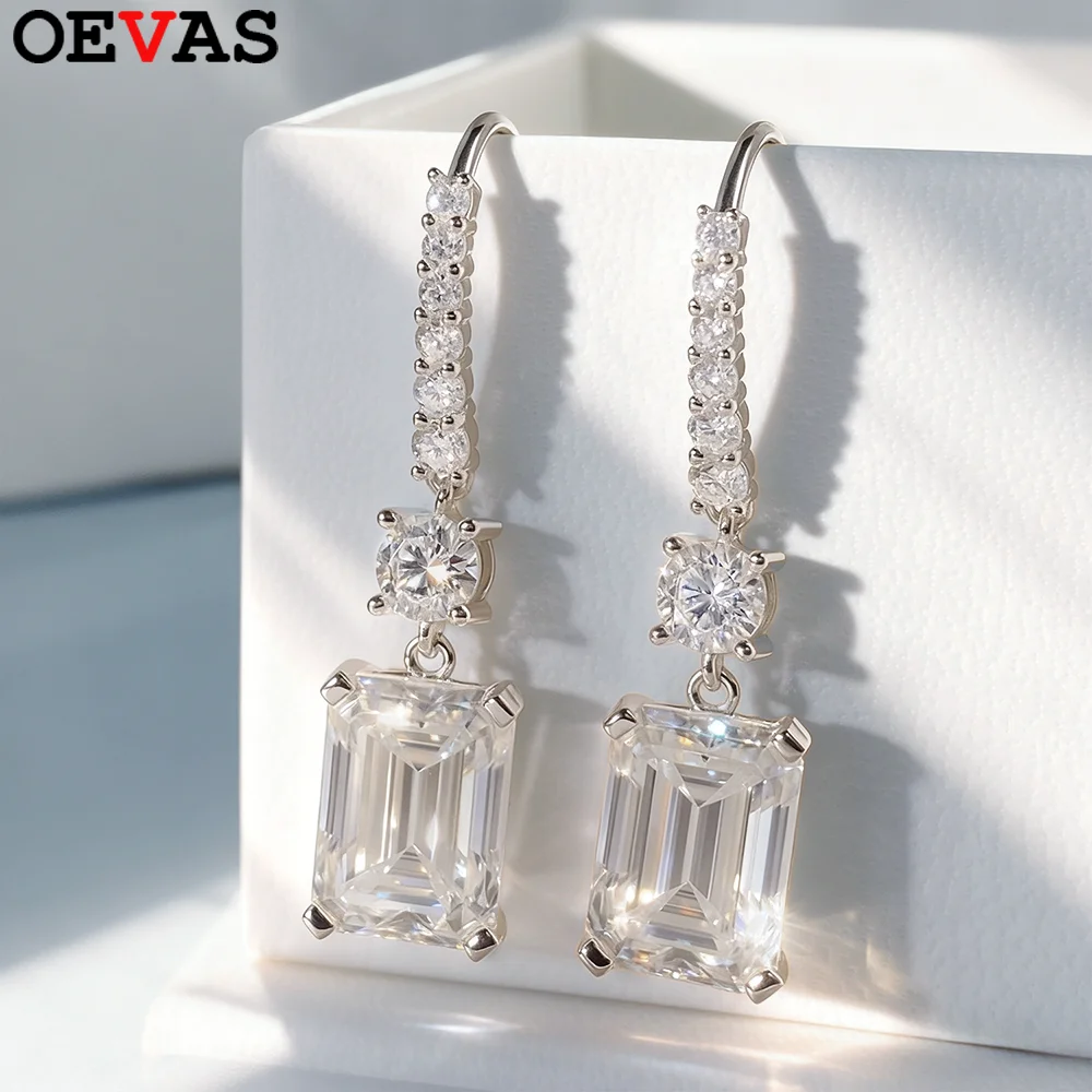 OEVAS 8x11mm Moissanite Dangle Hook Earrings for Women S925 Silver Luxury Full Lab Diamond Wedding Earrings Party Fine Jewelry