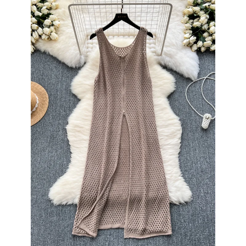 INS Frauen Sommer gestrickt schick Reißverschluss Boho sexy Split Tank langes Kleid lässig aushöhlen elegante Tunika Strand Urlaub Kleid